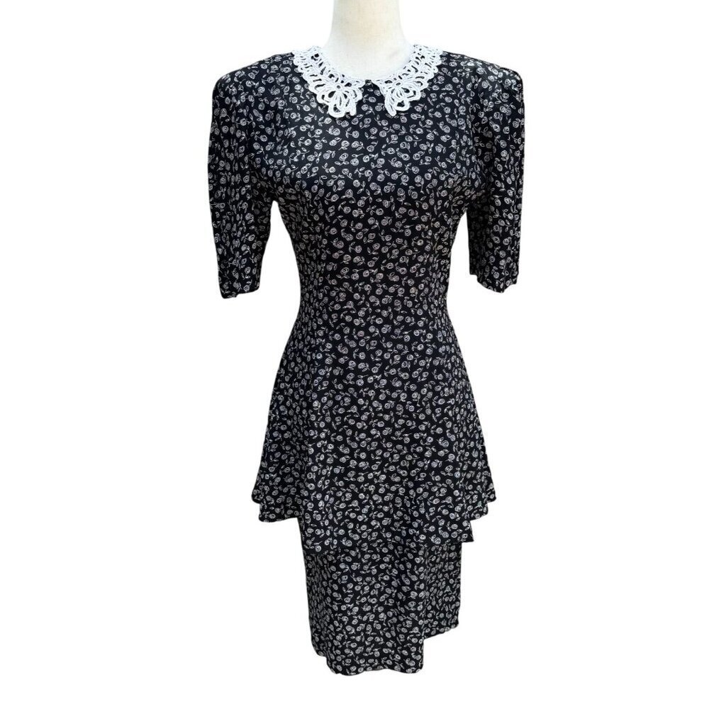 RJ Stevens Vintage Black Floral Lace Collar Tiered Peplum Midi Dress Size 4 Rose